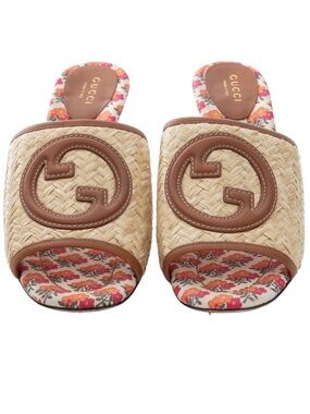 Gucci Tan Straw Slide Mules with Floral Insole